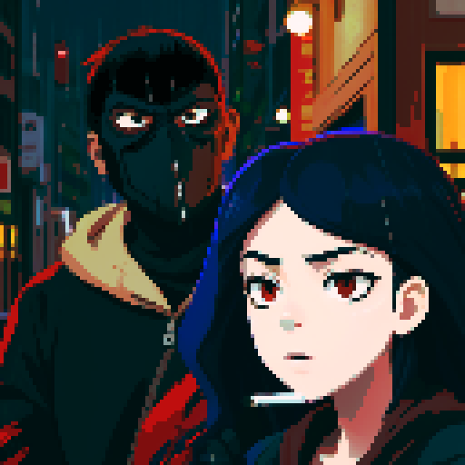 Girl on the right smoking a cigarette, guy on the left holding a gun with a black mask covering his face, gritty, rainy, nighttime, downtown