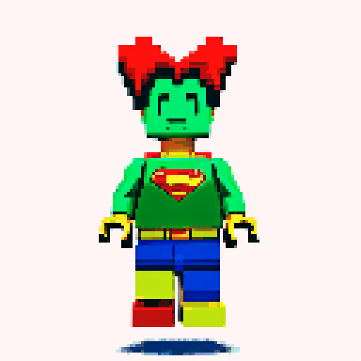 superman flying, vibrant pixelated red and blue costume, blocky lego-like figure, retro video game-inspired artwork, bold primary colors, sRGB color space