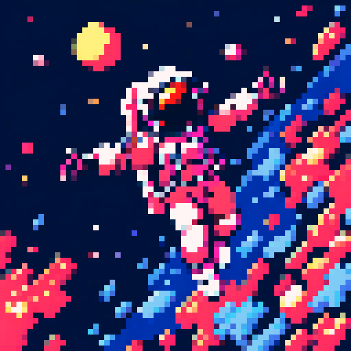 astronaut floating in zero gravity, vibrant colors, blocky pixels, retro video game, 8-bit, space helmet, space suit, stars shining, celestial background, space shuttle, moon in the distance