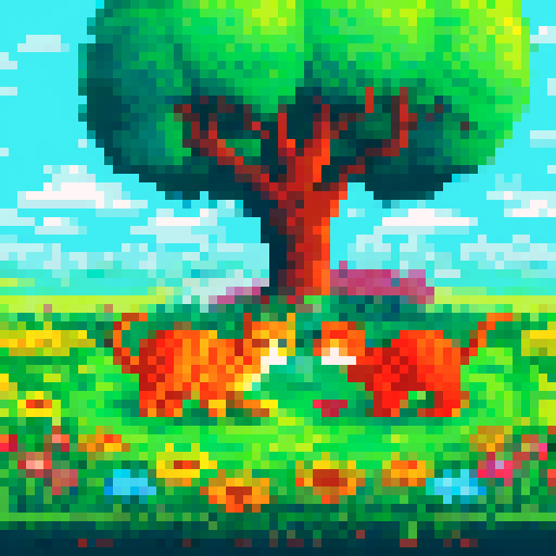 cute cats, sitting in the grass, surrounded by vibrant flowers, with a pixel art style, set against a scenic sRGB background, creating a picturesque landscape