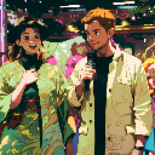 adventurers exploring a vibrant and mystical forest, surrounded by towering trees and sparkling streams, capturing their awe-struck expressions with vintage microphones, highlighting their friendly camaraderie through smiles, all depicted in a breathtaking landscape portrait with intricate character designs, showcasing the beauty of pixel art in every meticulously detailed element