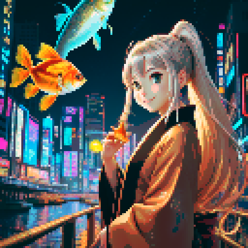 best quality, ultra-detailed, high resolution, extremely detailed cg,unity 8k wallpaper, digital art,high quality,1girl,long hair,silver brown hair,ponytail,kimono,cyberpunk clothes,brown kimono,futuristic,neon lights,cityscape,night sky,2fish,goldfish,metallic fish,flying fish,cyberpunk fish,propeller,tail fin,wings,antenna,eye,glowing,smiling,looking at fish,