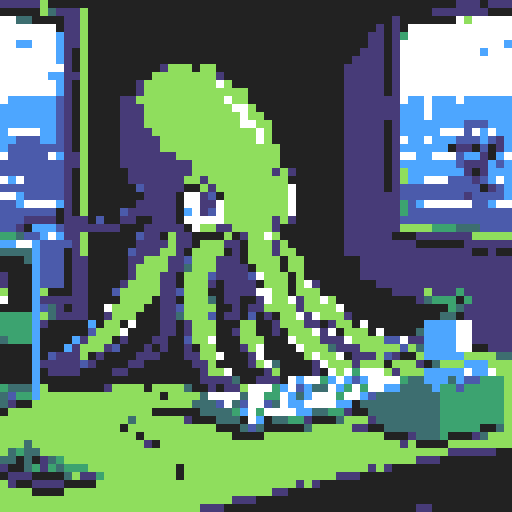big octopus, tentacles typing on laptop, pixelated keyboard, vibrant colors, retro computer screen, low resolution, sRGB color space