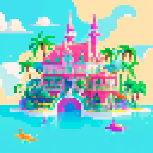 whimsical, colorful mansion, vibrant gardens, sparkling sea, towering palm trees, intricate details, playful dolphins, fantastical mermaids, pixelated art style, vivid colors, sRGB color space