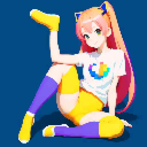 An anime style girl with bright hair, expressive eyes and playful smile stretches out her legs in stockings made in bright sRGB color space