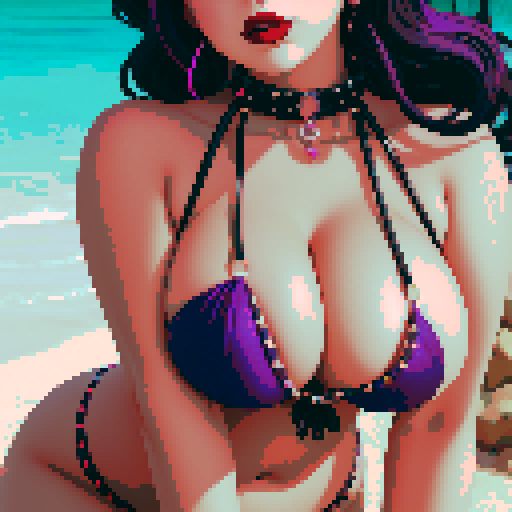 curvy, busty goth girl , whole head portrait, black hair, purple eyeshadow, red lipstick, wearing bikini, studded collar, glamour shot, vibrant srgb colors, edgy aesthetic