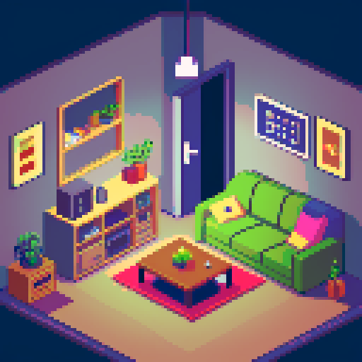 apartment of a depressed pc gamer, surrounded by drab and boring apartment interior, lost in sad melancholy, pixel art, mysterious