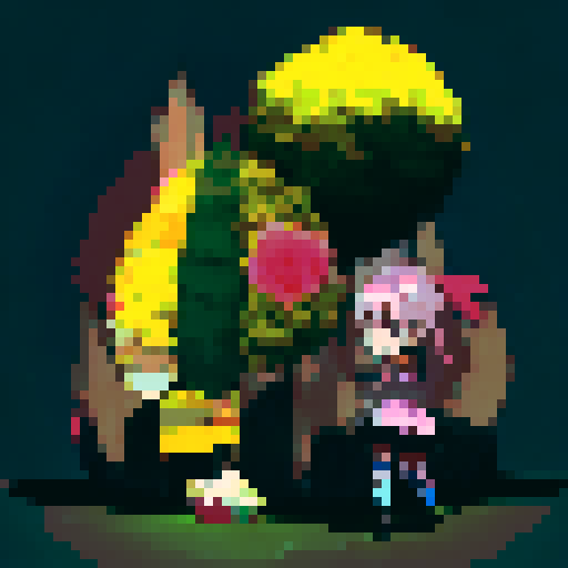 Cute, pink-haired, anime-style girl with oversized bows and a playful expression holding a giant lollipop in a whimsical, candy-filled wonderland.