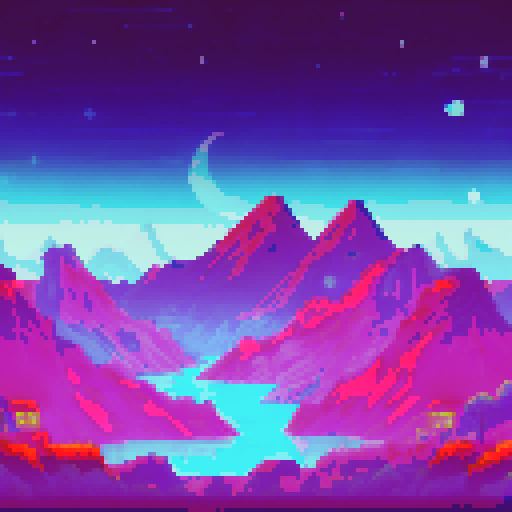 Moonlit mountain range towering over a tranquil lake, surrounded by glowing fireflies and shooting stars in a star-studded night sky