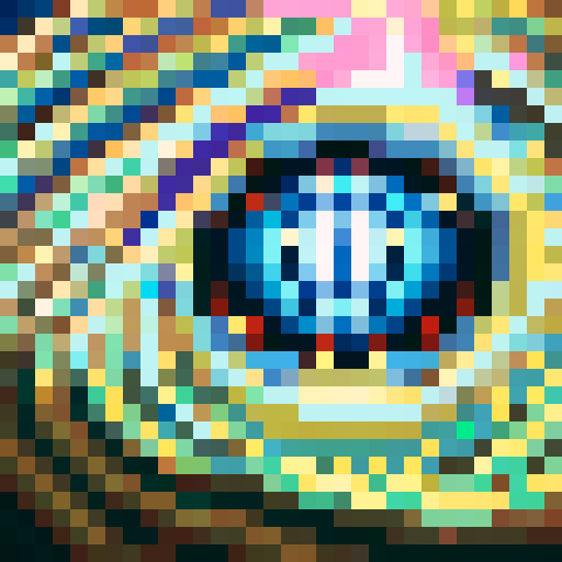 A pixelated portrait of a euphoric gamer with glowing eyes, sweat dripping down their forehead, and a wide grin on their face, surrounded by skill icons and power-ups, all in the vibrant hues of sRGB