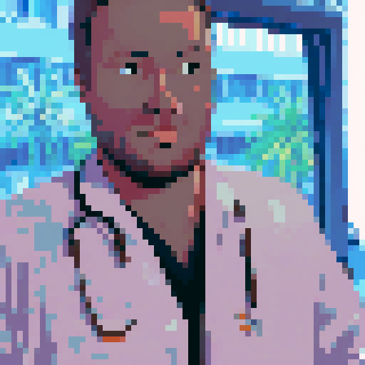 man with slicked-back hair, vibrant Hawaiian shirt, bustling city street, towering pixel art skyscrapers, pixelated sun shining brightly, casting vibrant sRGB colors