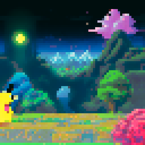 Pixel art landscape with a vibrant sRGB color palette depicting a Pokemon gym in the style of Pewter City