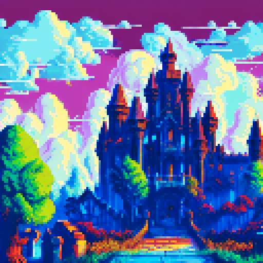 Haunted mansion, looming atop a hill, with a winding cobblestone pathway leading to its entrance, under a pitch black night sky filled with ominous thunderclouds and sporadic bursts of lightning, all depicted in vivid pixel art, showcasing the eerie sRGB color palette, creating a haunting background landscape