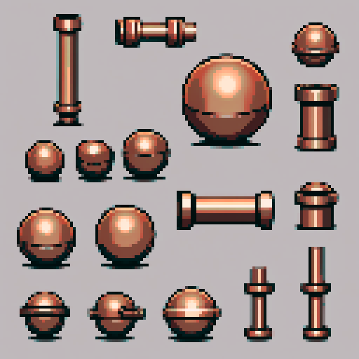 I want a thick copper pipe with a circular ball fitting on one end. I want this object usable an asset in a videogame, meaning only one object per image, outlined with a strong black stroke, on a solid-color background.