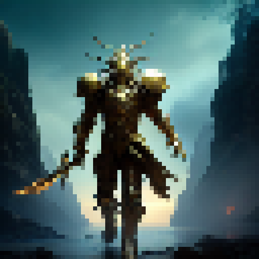 "Golden-armored warrior wielding a glowing enchanted sword, standing atop a mountain peak surrounded by swirling mist and fierce dragons."