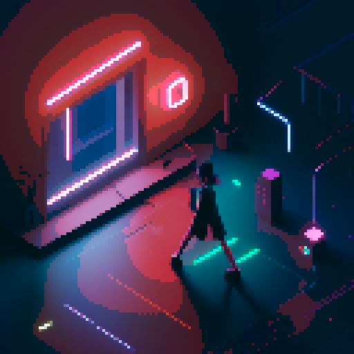 hacker girl, lonely rainy day, glowing neon codes, flickering screens, vibrant pixelated cityscape, futuristic attire, headphones, city lights reflecting on wet pavement
