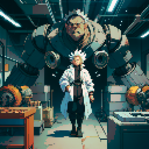 fat mad scientist, facing left, alone, full-body image, exaggerated features, pixelated details, robot workshop backdrop, machine parts, gears, sRGB color palette