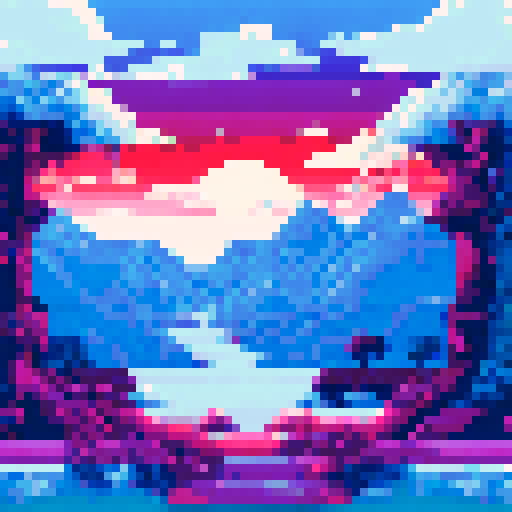 8-bit winter background with lots of sky with colour #29B5E8. Mountains, trees and snow.