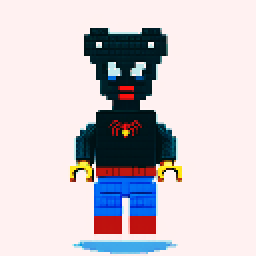 spiderman swinging through a pixelated cityscape, his Lego-like figure blending seamlessly into the vibrant, retro-inspired pixel art style of sRGB