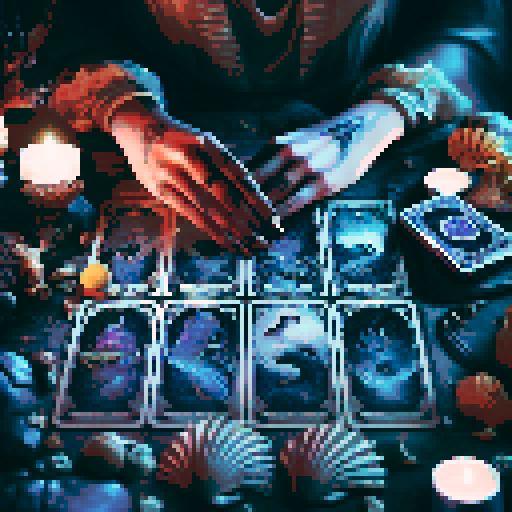 A close-up of a woman's hands over a table during a tarot card reading in a medieval dark style. The table is adorned with elements of the ocean such as sea shells, sand, and small pieces of coral. The atmosphere is mystical and dimly lit, with candlelight casting shadows that enhance the eerie and magical mood. The woman's hands are gracefully poised over the cards, which also have oceanic designs like waves and mermaids.