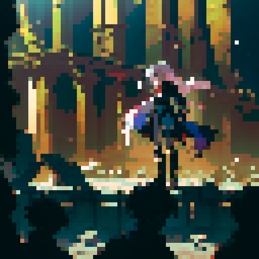 JRPG protagonist, young frail fighter, pixel art, sRGB, dimly lit ruins, tattered cape, glowing sword, haunted expression, swirling shadows, vibrant hair, weathered armor, crumbling buildings, mystical creatures, ethereal atmosphere