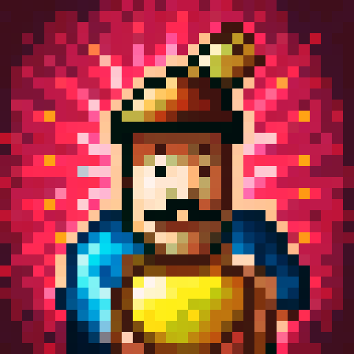 Cooking chef with a bushy moustache, wearing a chef hat and apron, holding a frying pan, against a vibrant background, in 32x32 pixel art style, with skillful detailing and vibrant sRGB colors, capturing a close-up portrait for a video game 2D icon