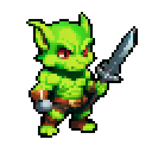 A stronger, more battle-ready goblin with sharper features, armor pieces, and a better-crafted weapon. It has a fierce expression and a muscular build. No background.
