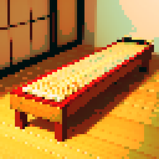 Koto, traditional Japanese musical instrument, elegantly positioned on a wooden floor, rendered in pixel art with vibrant sRGB color palette