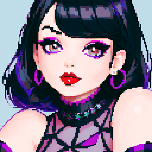 curvy, cute goth girl face, black hair, purple eyeshadow, red lipstick, face portrait, glamour shot, vibrant sRGB colors, pixel art