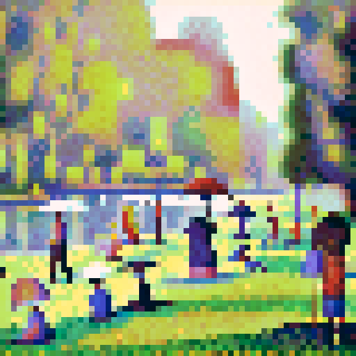 Mimic Georges Seurat’s pointillist technique by translating the details of the image into small, evenly spaced pixels with soft, blended colors. Focus on subtle, muted tones to evoke Seurat’s impressionist style, creating a calm and serene atmosphere. Ensure that the pixelated image reflects the original composition but maintains the abstract, dotted feel of pointillism, while avoiding vivid or harsh colors, opting instead for smooth, harmonious transitions between shades.