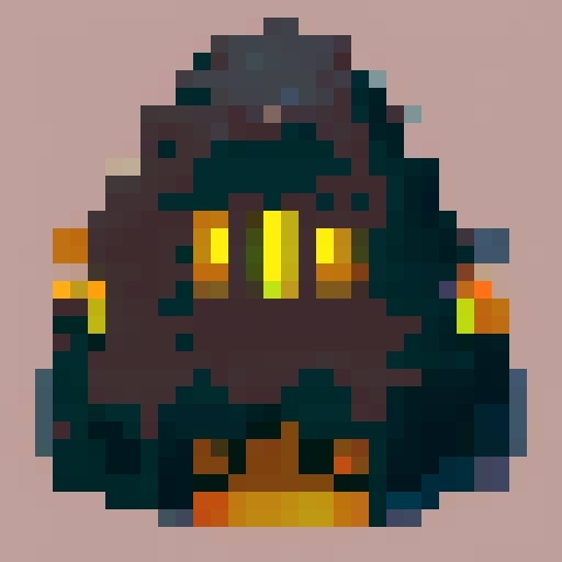
make a 16x16 pixelart video game style sprite of a gothic style mini monster with sinuous hood and mystical colors