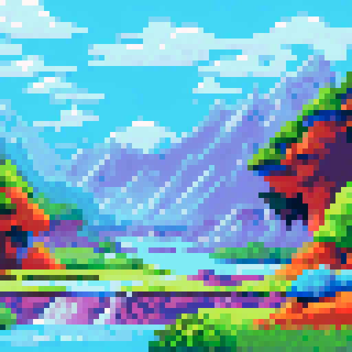 Snow-capped peaks tower over a serene valley, filled with vibrant green trees and a sparkling river, all rendered in a stunningly detailed pixel art style with an sRGB color space