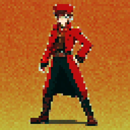 steampunk young man, red coat, red hat, 2D game stance, pixel art, sRGB