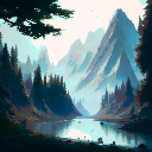 a beautiful forest landscape with water and mountain lush greens and blues