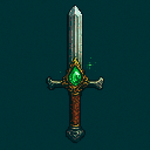 sword with embedded emerald, wooden handle, shimmering green gem, intricate detailing, medieval fantasy, sRGB, pixel art