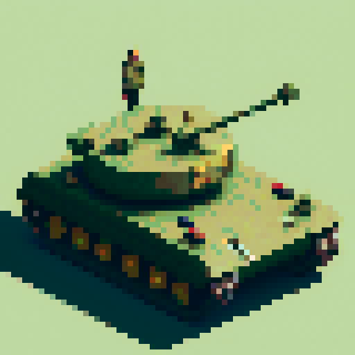 top-down pixel art sprite, World War II army tank, bird's eye view, sleek olive green body, rugged tank treads, rotating turret, menacing barrel, pixel art, sRGB, flat