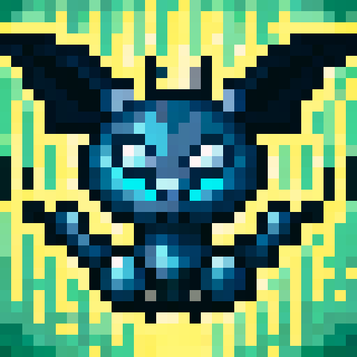 Blue fur, pointy ears, sharp fangs, and tiny claws on a bat boy's cute face with wings spread out in a dynamic pose, ready to fly in a pixel art style reminiscent of classic video game icons