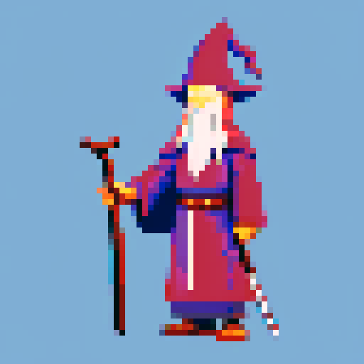 Wizard, pointy hat, sword and staff, long robe, think Gandalf