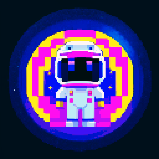 space traveler in vibrant pixel art spacesuit, reflective visor on helmet, swirling galaxies, twinkling stars, celestial wonders, purple / celestial space color palette