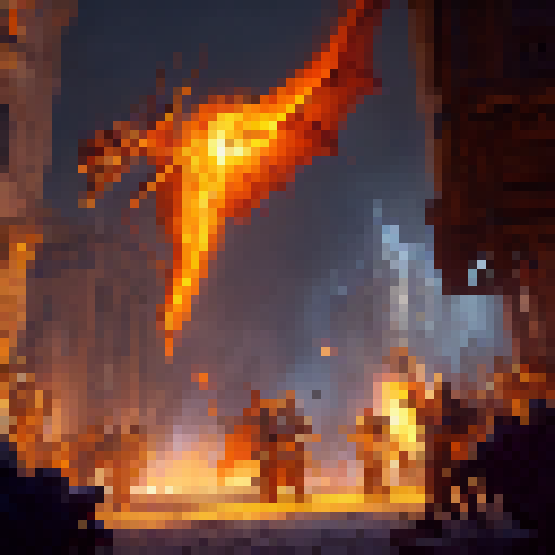 Fiery dragon swoops down, scorching cobblestone streets of bustling medieval city, while knights in shining armor raise swords to defend their kingdom in a fantastical RPG world