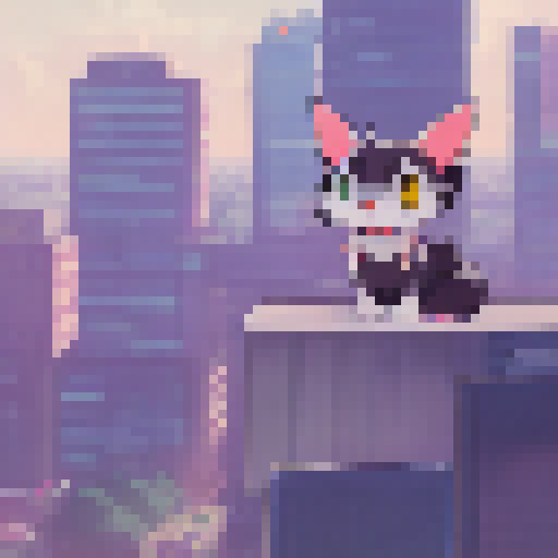 A mischievous, black and white anime cat perches on a rooftop overlooking a bustling cityscape, its tail swishing as it contemplates its next prank.