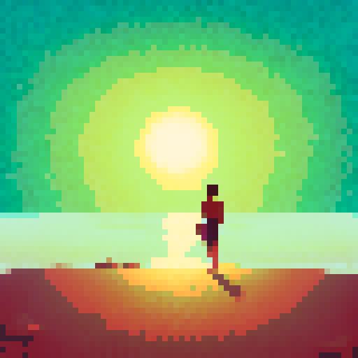 Figure standing, sandy beach, calm ocean, endless horizon, serene atmosphere, warm sunlight, gentle waves, peaceful reflection, soft colors, sweeping vistas, vast expanse, tranquil beauty, minimalist composition, balanced elements, subtle textures, natural harmony, ethereal glow, serene mood