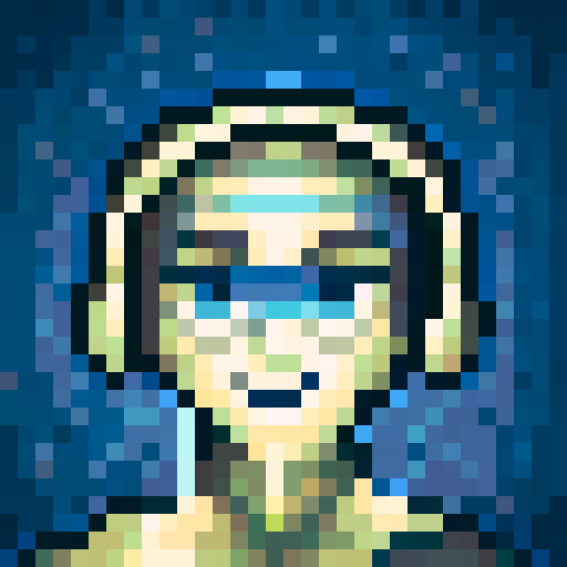 portrait avatar, woman with shoulder length dark hair, looking at the camera, blue palette, game icon style, 32x32 pixel art, sRGB, skill art, close up