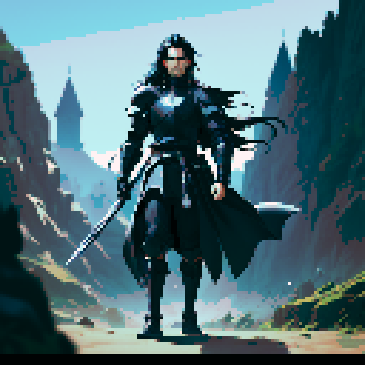 full-body image, male knight, man in black armor, giant sword, long black hair, sexy, male dark knight