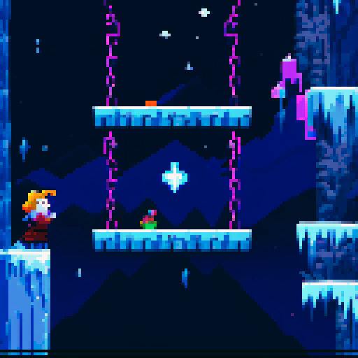 Celeste-like, snow-capped, pixelated ice mountain, jagged cliffs, frozen waterfalls, vibrant blue sky, pixel art, sRGB