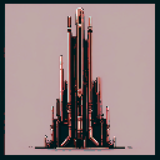 I want a tall vertical copper structure reminiscent of a organ pipe. It should have strange mechanical details that could interlock with each other. I also want this object usable an asset in a videogame, meaning only one object per image, outlined with a strong black stroke, on a solid-color background.