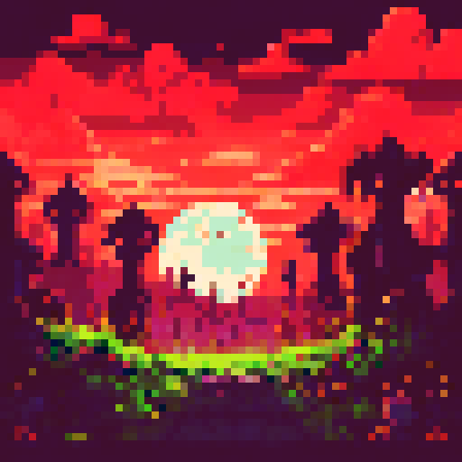 grass tile, graveyard background, top down view, pixelated tombstones, eerie moonlight, skeletal trees, misty atmosphere, gravestone engravings, cracked earth, withered flowers, decaying leaves, shadowy figures, flickering lanterns, moss-covered tombstones