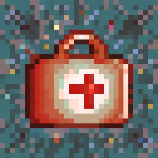 Medical kit with red cross symbol, band-aids, syringe, and pills, rendered in 32x32 pixel art style with vibrant colors and sharp edges, showcasing a close-up portrait of the kit as a game icon in skill art format