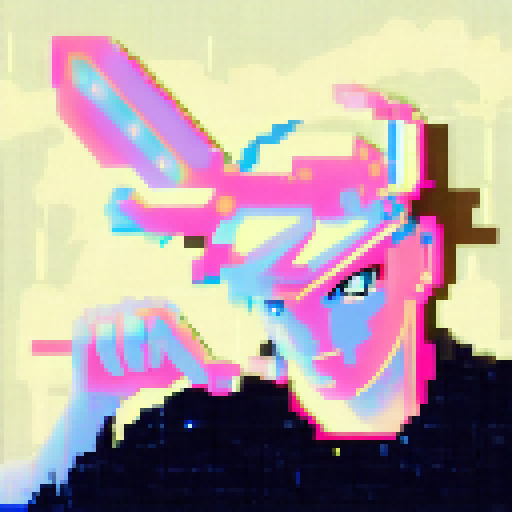 Neon-lit cyberpunk portrait with vibrant hues of electric blue, hot pink, and acid green in a 16x16 pixel art style.