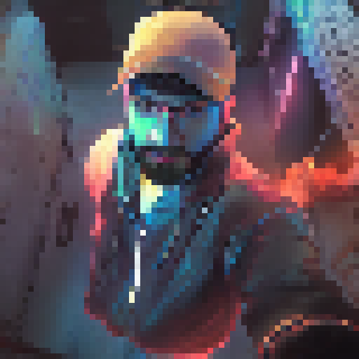 "Create a realistic cyberpunk landscape portrait featuring an Iranian man with neon-lit hair and a robotic ex-lover lurking in the shadows."